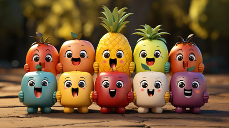 Cute colorful plasticine fruits on wooden table, 3d renderの素材