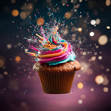 Colorful cupcake with splashes on bokeh background.の素材