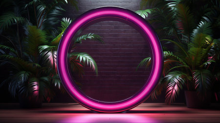 Neon circle with palm trees and tropical plants. 3d renderingの素材