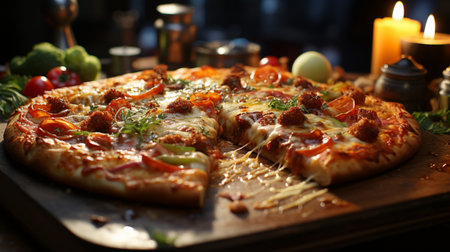 Pizza with mozzarella cheese and tomato sauce on a wooden boardの素材