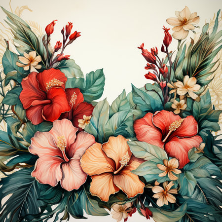 Hibiscus flowers bouquet. Vector illustration. Floral background.の素材