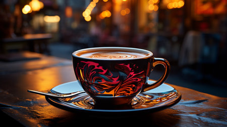 Cup of coffee on the table in a cafe in Paris, Franceの素材
