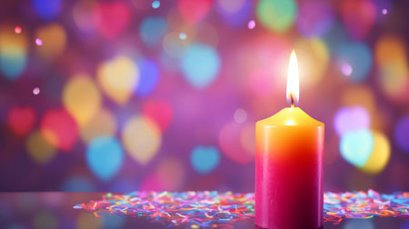 Burning candle with colorful bokeh lights on background, closeupの素材