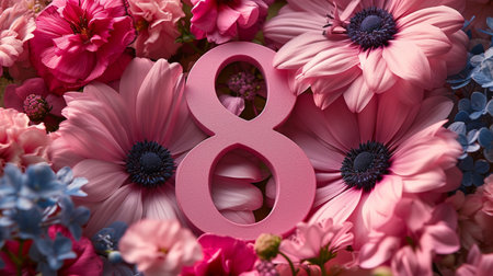 Beautiful bouquet of flowers with number eight, closeup viewの素材