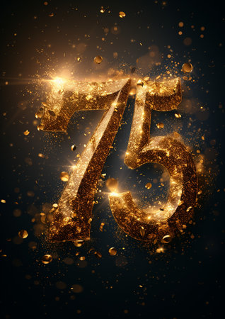 75 years anniversary celebration logotype gold glittering on black background.の素材