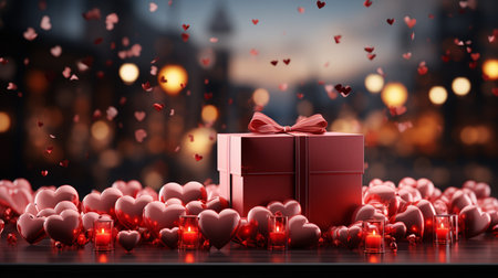 Valentines day background with red gift box and hearts. 3D renderingの素材