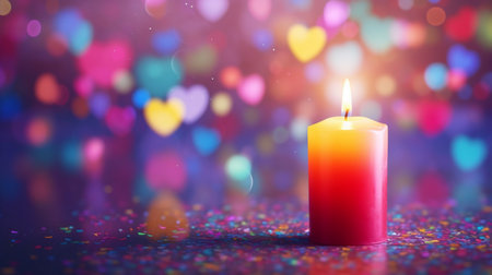 Burning candle on colorful bokeh background. Valentine's Dayの素材