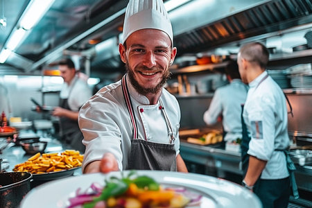 smiling chef holding plate with kebab and vegetables in commercial kitchenの素材