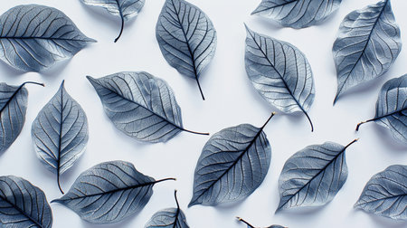 Beautiful gray leaves pattern on white background. Flat lay, top view.の素材