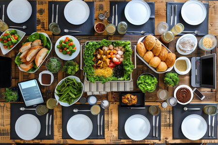 Top view of a table with a variety of food on it.の素材