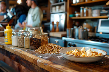 Close up of a plate of soybeans on a wooden counter in a cafeの素材