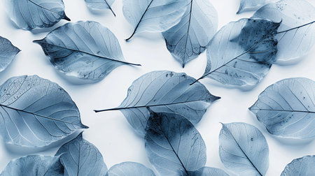 Leaves on a white background. Blue toning. Top view.の素材