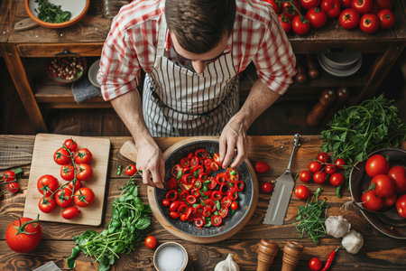 Top view of young man in apron cutting fresh tomatoes in kitchenの素材