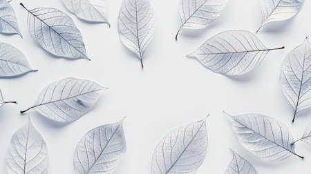 White leaves pattern on white background. Flat lay, top view, copy spaceの素材