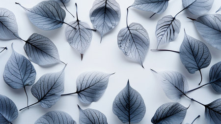 Eucalyptus leaves on white background. Flat lay, top viewの素材