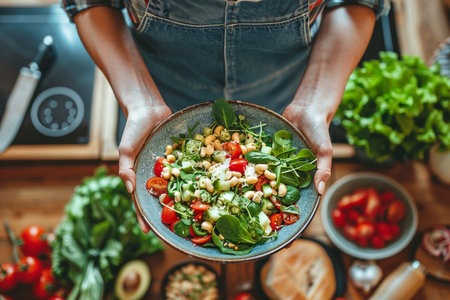 Closeup on female hands holding bowl with healthy salad in the kitchenの素材