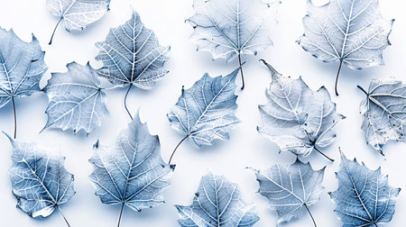 Blue autumn leaves pattern on white background. Flat lay, top view.の素材