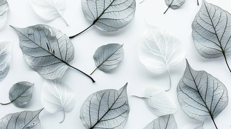 top view of gray leaves on white background with copy space, flat layの素材