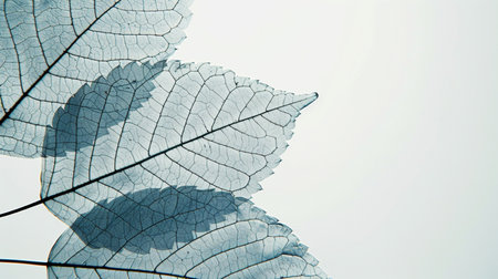 Close up of blue leaf on white background with copy space for textの素材