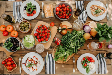 top view of fresh salad with tomatoes and olives on wooden tableの素材