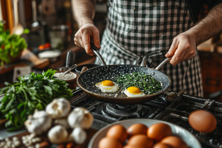 Close-up of a male chef in a gray apron is frying eggs in a frying pan.の素材