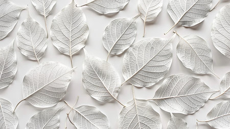 White leaf pattern on white background. Flat lay, top view.の素材
