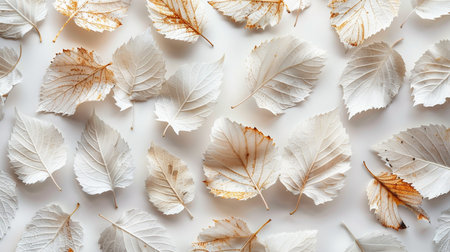 White autumn leaves on white background. Flat lay, top view.の素材