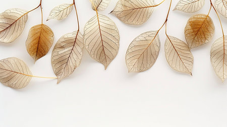 Dried leaves on white background with copy space for your text.の素材