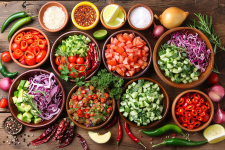 Composition with variety of vegetable salads on wooden table, top viewの素材