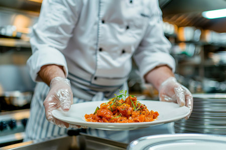 chef in hotel kitchen preparing and decorating food, delicious dishの素材