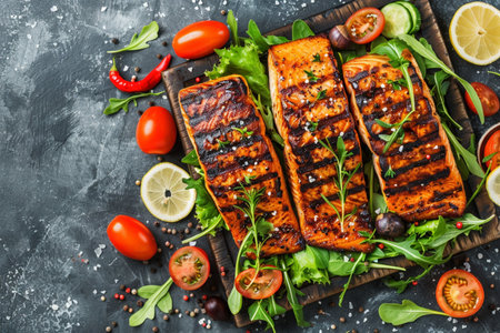 Grilled salmon steak with arugula, tomatoes, lemon and spices on a black backgroundの素材