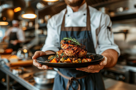 Close-up of a male chef in apron holding a plate with grilled meat.の素材