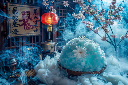 Blue cake with white flowers and red lanterns on a wooden tableの素材