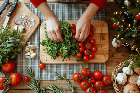 Woman in red sweater cutting fresh vegetables on wooden cutting board. Christmas tree on background.の素材
