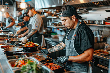 Chef cooking in a restaurant kitchen. Food and cuisine concept.の素材