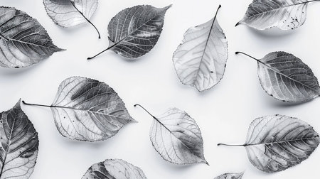 Black and white autumn leaves on white background. Flat lay, top view.の素材
