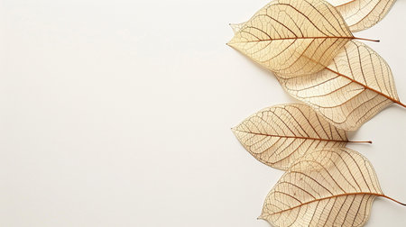 Dried leaves on white background. Top view with copy space.の素材