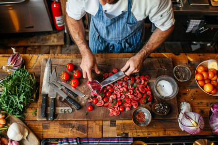 Cropped image of man cutting fresh tomatoes on wooden table in kitchenの素材