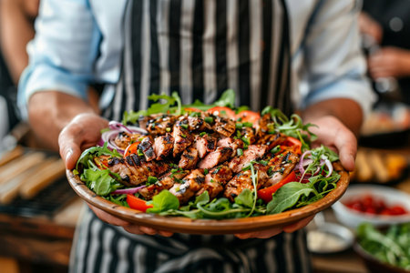 Close-up of a plate with grilled meat and salad in the hands of a man.の素材