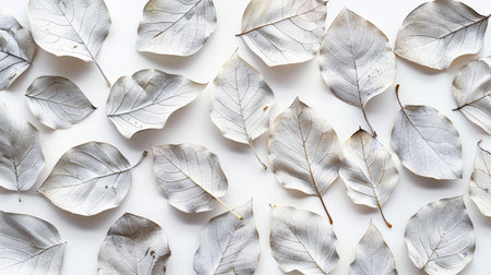 Dry leaves on white background. Flat lay, top view.の素材