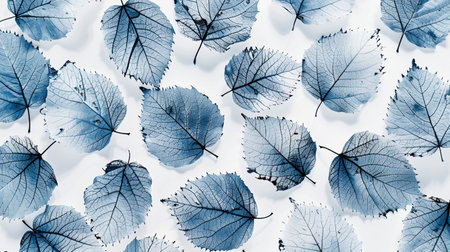 Blue leaves on a white background. Flat lay, top view.の素材