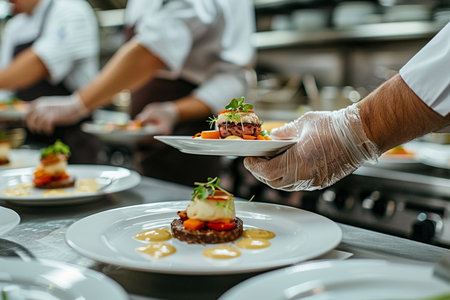 Chef hands in gloves serving appetizer on plate in restaurant kitchenの素材