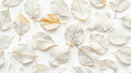 White autumn leaves on white background. Flat lay, top view.の素材