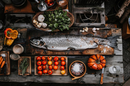 Top view of fresh raw salmon with vegetables and spices on wooden tableの素材