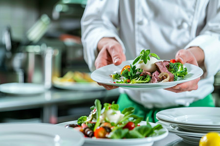 Chef hands holding plate of salad in restaurant kitchen, closeupの素材
