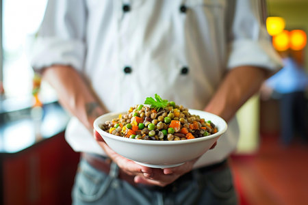 Hands of a chef holding a bowl of lentil salad in a restaurantの素材