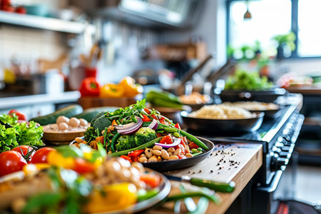Vegetable salad in a frying pan on a modern kitchen.の素材