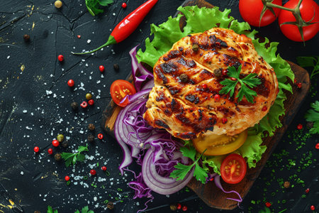 Grilled chicken fillet with vegetables and spices on a black backgroundの素材