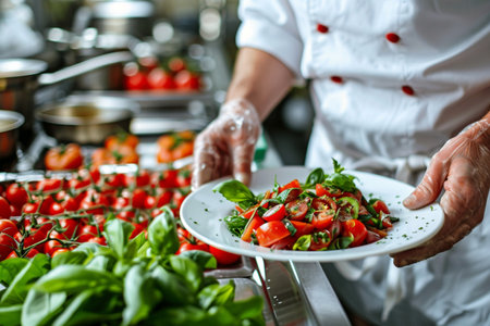 Chef preparing vegetable salad in the kitchen of a restaurant or hotelの素材