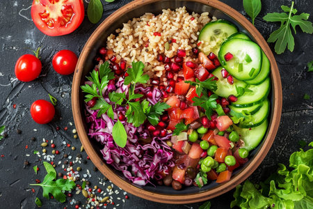 Healthy salad with bulgur, tomatoes, cucumbers, red onion and pomegranate seedsの素材